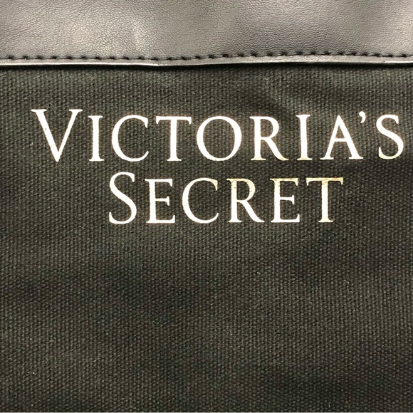 Extra Large Victoria’s Secret Black VS Tote Bag Shoulder Gold Faux Leather - Picture 8 of 11